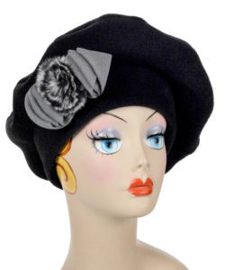 Polar Fleece & Fur Bow in Gray on Black Large Beret