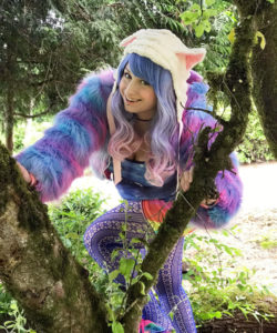 Ivory Faux Fur Cat Hood Novelty Animal Hat Model Shot