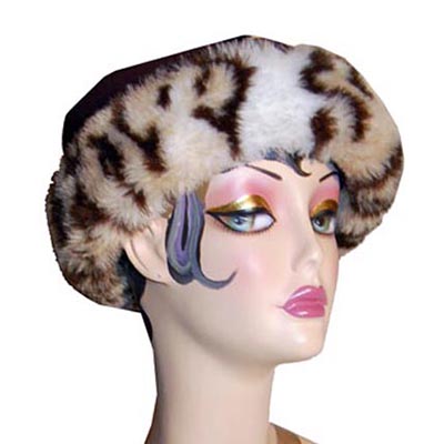Leopard Faux Fur Cuffed Polar Fleece Pillbox Hat